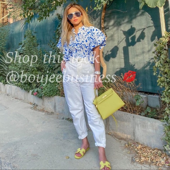 ZARA BNWT Blue/White Printed Poplin Cotton Top with Ruffled Sleeves Size M - Picture 2 of 9